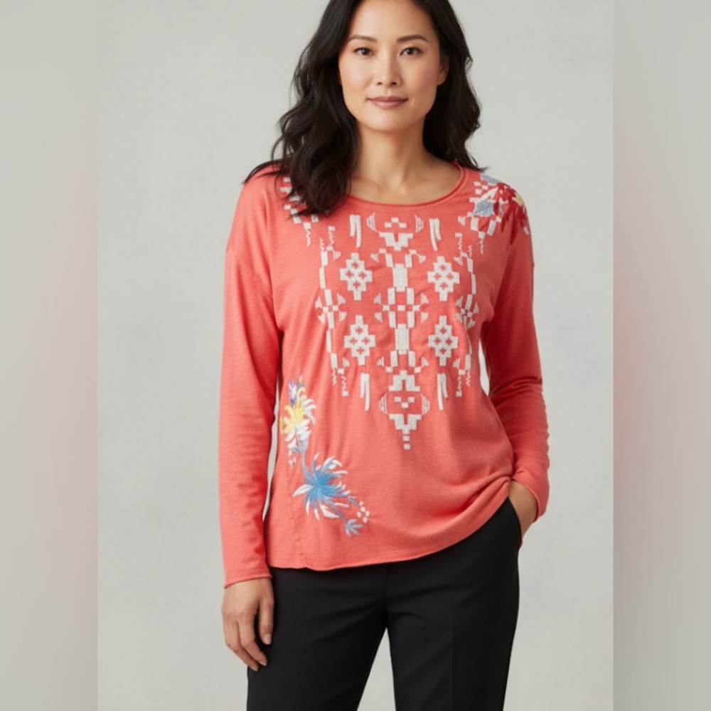 Johnny Was Pink/Coral Batik Long Sleeve Top with Geometric /Aztec theme